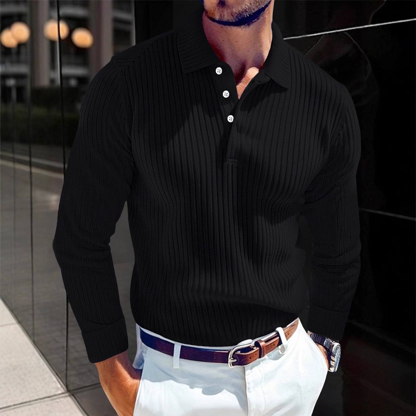 Men's T-shirt With A Turn-down Collar, Buttoned Long-sleeve Polo Shirt